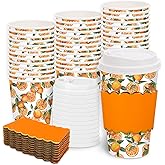 JarThenaAMCS 50 Sets Orange Coffee Cups with Lids Sleeves 16oz Tangerine Paper Cups Little Cutie Disposable To Go Coffee Cup for Summer Baby Shower Cappuccino Chocolate Beverage Cocoa