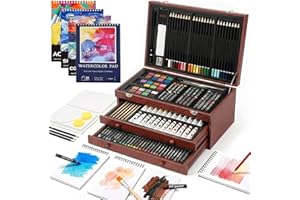 COOL BANK 194 Piece Deluxe Art Set, Painting Drawing Art Supplies with 4 Drawing Pads, Acrylic Paints, Crayons, Colored Pencils Set in Wooden Case, Art Kit Gift Box for Kids, Teens, Adults, Artists, Beginners