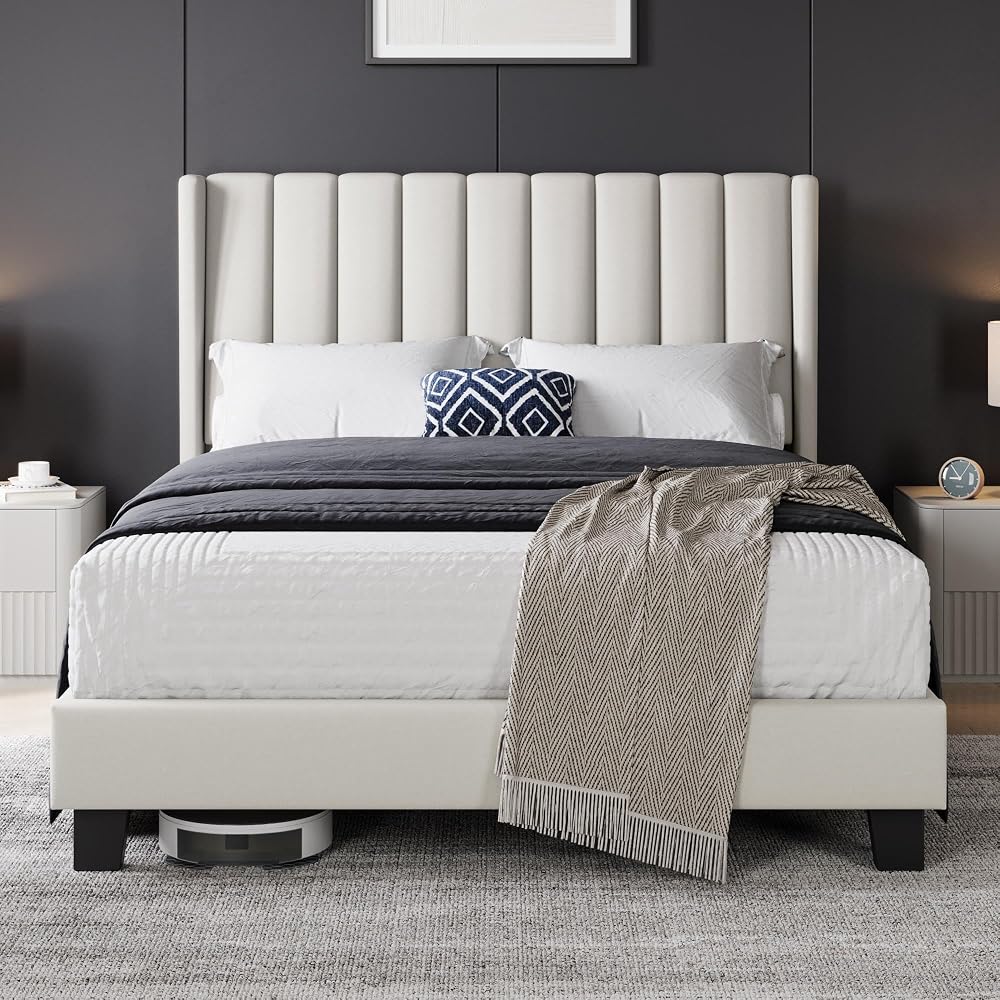 Yaheetech Double Bed Frame Upholstered Platform Bed Beige 4ft6 Wing Headboard