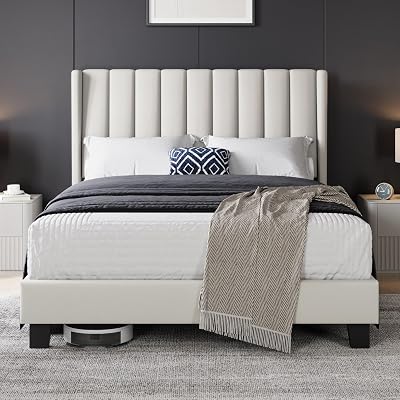 Yaheetech Double Bed Frame Upholstered Platform Bed Beige 4ft6 Wing Headboard