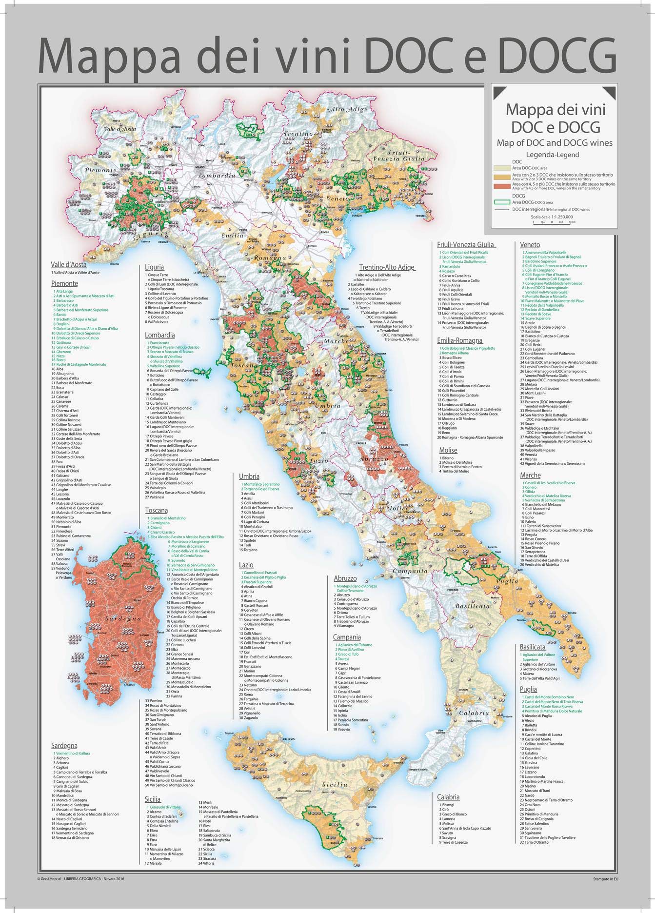 Geo4Map Italy DOC and DOCG Wines Wall Map - English and Italian - 28" x 39" Coated Full Color Thematic Map