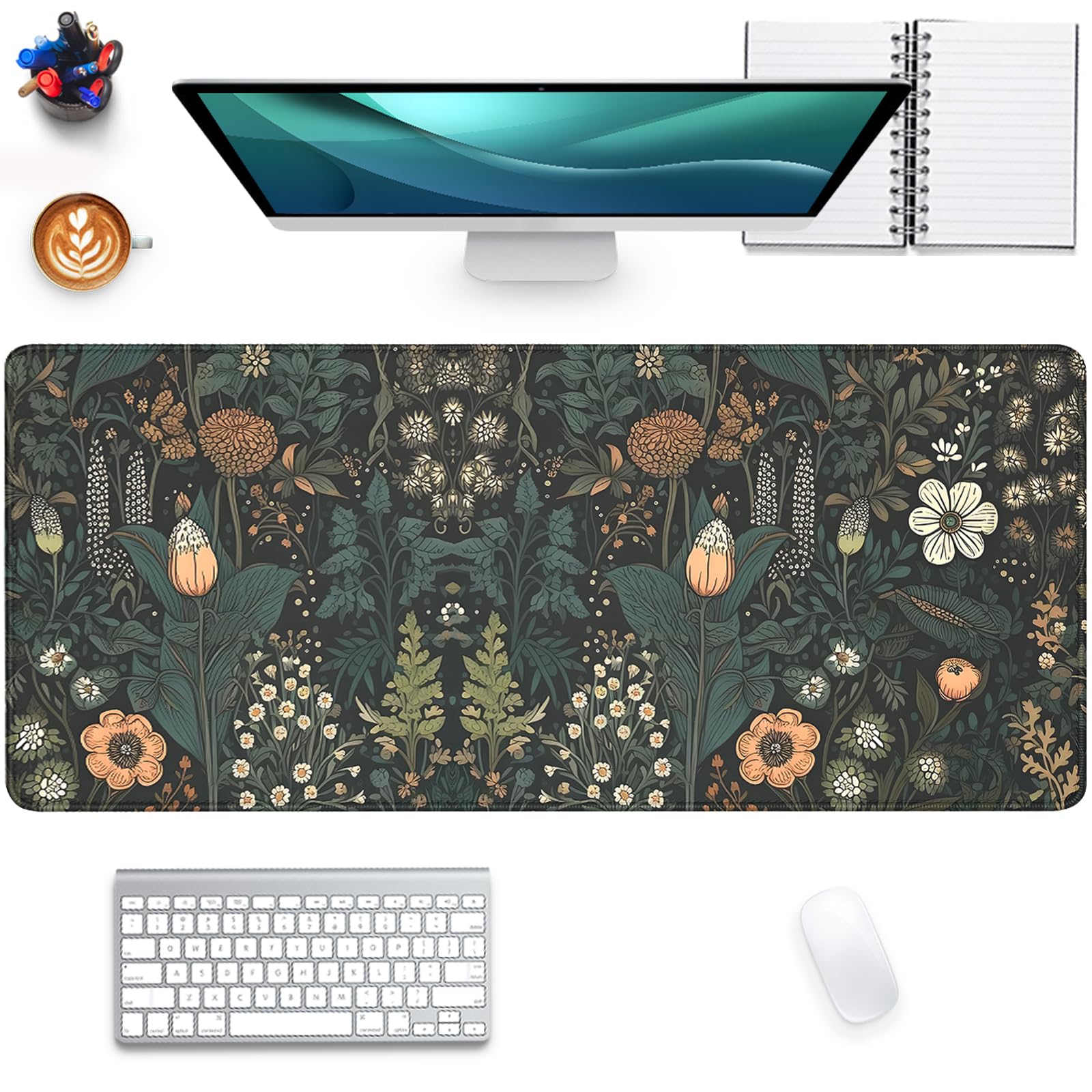 Photo 1 of Dark Cottagecore Mouse Pad Floral Desk Pad,Botanical Mousepad, Vintage Desk Mat,Wildflower Mousepad with Stitched Edges Non-Slip Waterproof Rubber Base Mouse Mat for Office Work Home(27.5X11.8 in)