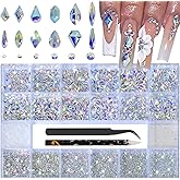HNUIX Nail Rhinestones - 3D Multiple Shape Size Gems, AB Color, Manicure Beads, Pearls, Flatback Crystals Rhinestones, with Kit, for Nail Art Decor