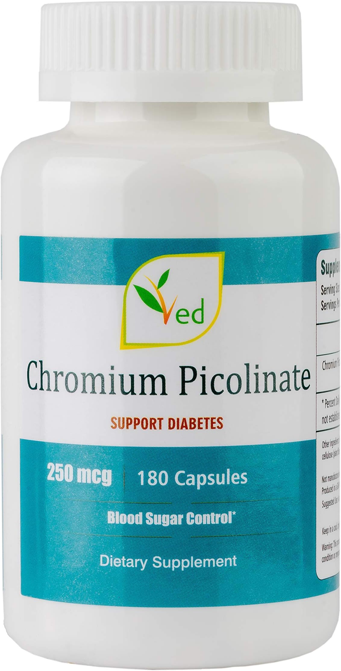 Ved Chromium Picolinate  | Supports Healthy Metabolism & Maintenance of Blood Sugar Levels | Vegan & Vegetarian Friendly | 250mcg 180 Capsules
