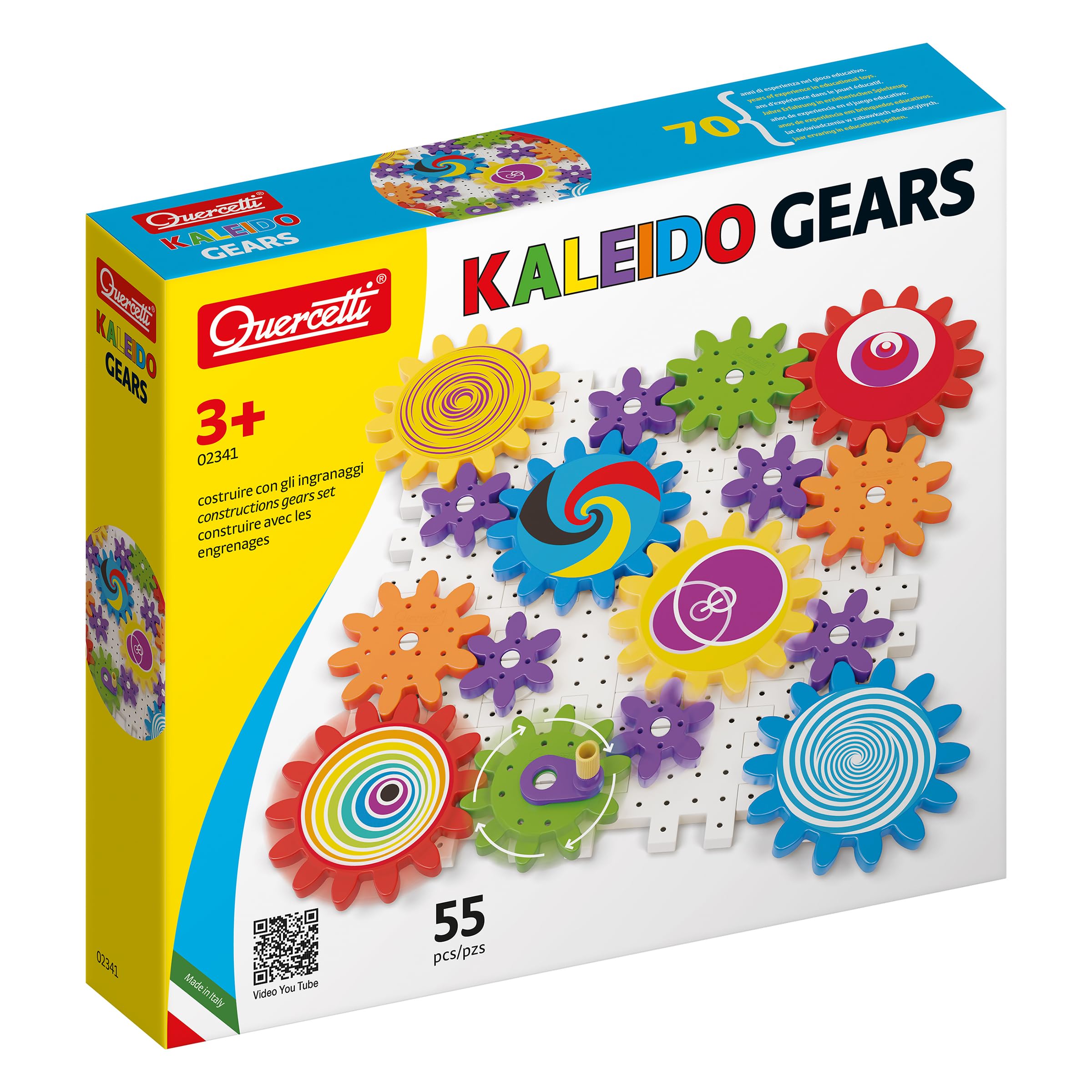 Quercetti Kaleido Gears - 55 Piece Building Set with 3 Different Sized Gears, Medium