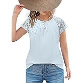 Arshiner Girls Shirts Short Sleeves Lace Pleated Kids Summer Tops Casual Crewneck Blouses Tees