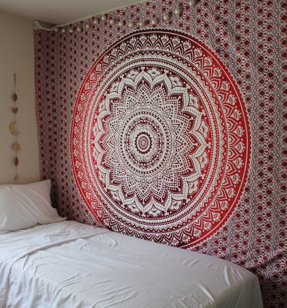 Popular Handicrafts Tapestry Wall Hanging Hippie Ombre Mandala Bohemian Hippy Psychedelic Design Indian Tapestries Bedspread 84 x 90 Inches (215cm x 230cm) Red Yellow