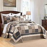 QuiltMuse 100% Cotton Bedspread King Size 120"x120" - Lightweight Oversized King Quilt with 2 Pillowshams, Farmhouse Plaid Reversible Quilted Bedding Coverlet Set, 3 Pieces, Brown/Beige/Cream