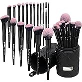 Bueart Design 18Pcs Pro Deluxe Fuchsia Pink Black Makeup Brushes set with Travel Make up Brush Holder case Foundation concealer contour Blush eyeshadow face make up brush set