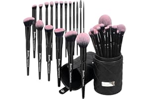 Bueart Design 18Pcs Pro Deluxe Fuchsia Pink Black Makeup Brushes set with Travel Make up Brush Holder case Foundation concealer contour Blush eyeshadow face make up brush set