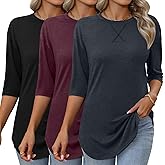 Riyiper 3 Pack Women's 3/4 Sleeve Cotton Tunic Tops Round Neck Drop Shoulder Loose Shirts Curved Hem Side Split Basic Tee(Black, Haze Blue, Fuchsia,Medium)