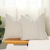 Hckot Grey and Beige Patchwork Farmhouse Throw Pillow Covers 16 x 16 Inch, Pack of 2 Striped Linen Decorative Pillow Case for Sofa Couch Chair Bedroom Modern Decor (16" x 16", Grey)