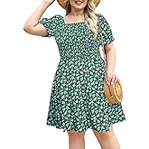 Younrui Plus Size Casual Summer Dresses for Curvy Women Smocked Lightweight Woven Midi A-line Sun Dress with Pockets