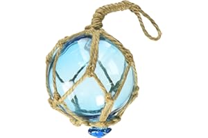 Hampton Nautical Light-Blue-Glass-3-Old-X Light Blue Japanese Glass Ball Fishing Float with Brown Netting Christmas Ornament 3"-Xmas Decoration