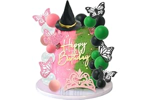 ZXSWEET 33 PCS Witch Cake Topper Crown Butterfly Cake Decoration with Green Pink Balls and Witch Hat for Witch Theme Birthday Party Supplies