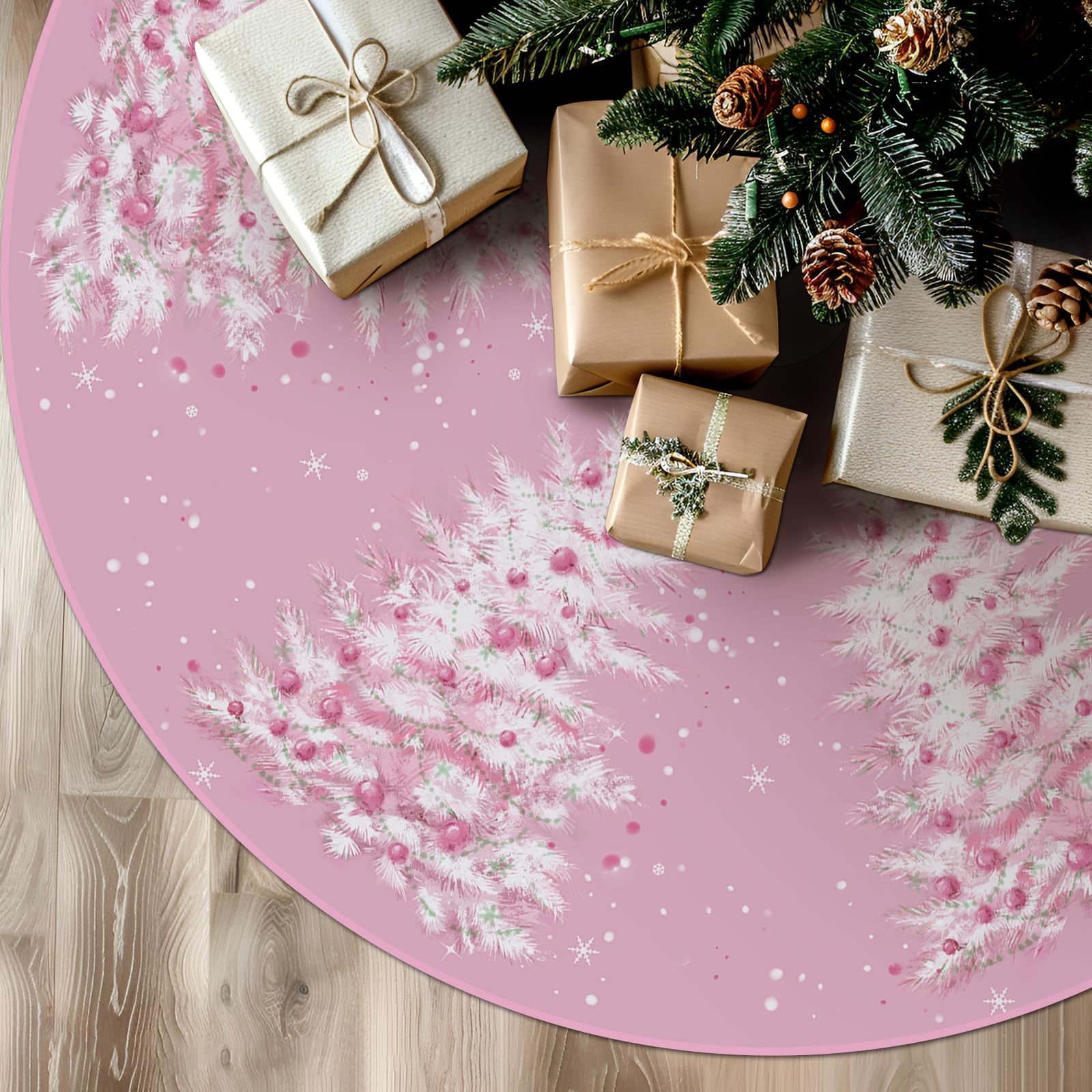 Tian Zhun Christmas Tree Skirt Pink Tree Skirts Xmas Winter Party Holiday Tree Mat 30 Inch for Indoor Outdoor Decorations