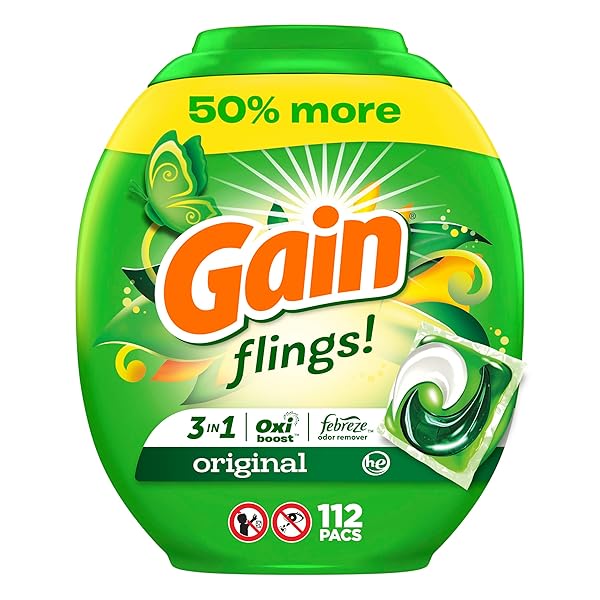 GAIN FLINGS LAUNDRY DETERGENT SOAP PACS HE COMPATIBLE 112 CT LONG LASTING SCENT ORIGINAL SCENT
