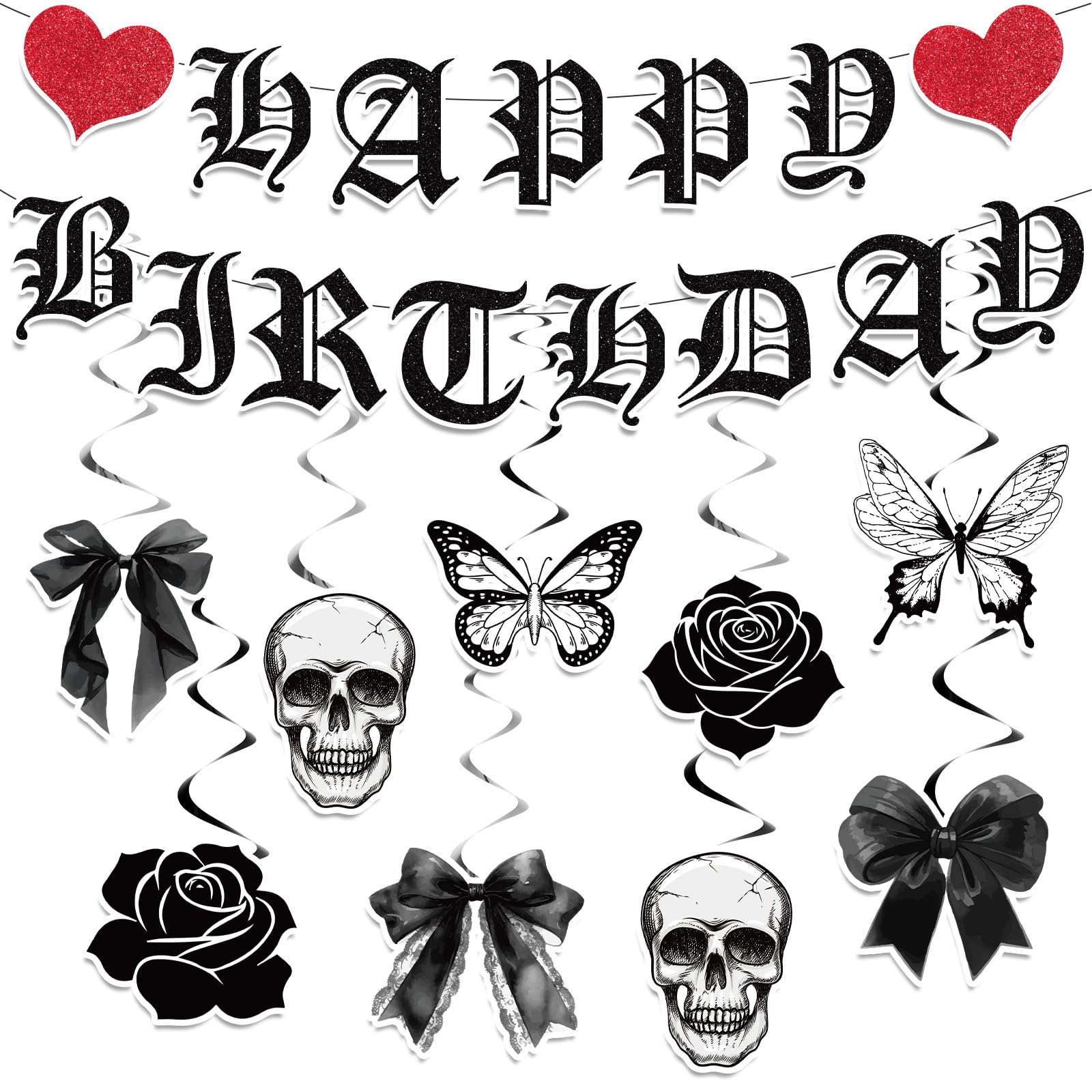 Photo 1 of 11pcs Gothic Birthday Party Decorations Banner Skull Black Bow Birthday Banner Decorations Hanging Swirls for Death wo My Twenties Rip to My 20s Emo Spooky Halloween Goth Birth day Party Supplies
