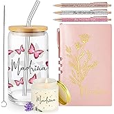 Skylety 6 Pcs Godmother Proposal Gift Set Madrina Gifts Butterfly 16 oz Glass Cup Scented Candle Jar A6 Journal Ballpoint Pens for Easter Mother's Day Birthday Baptism(Pink,Madrina)