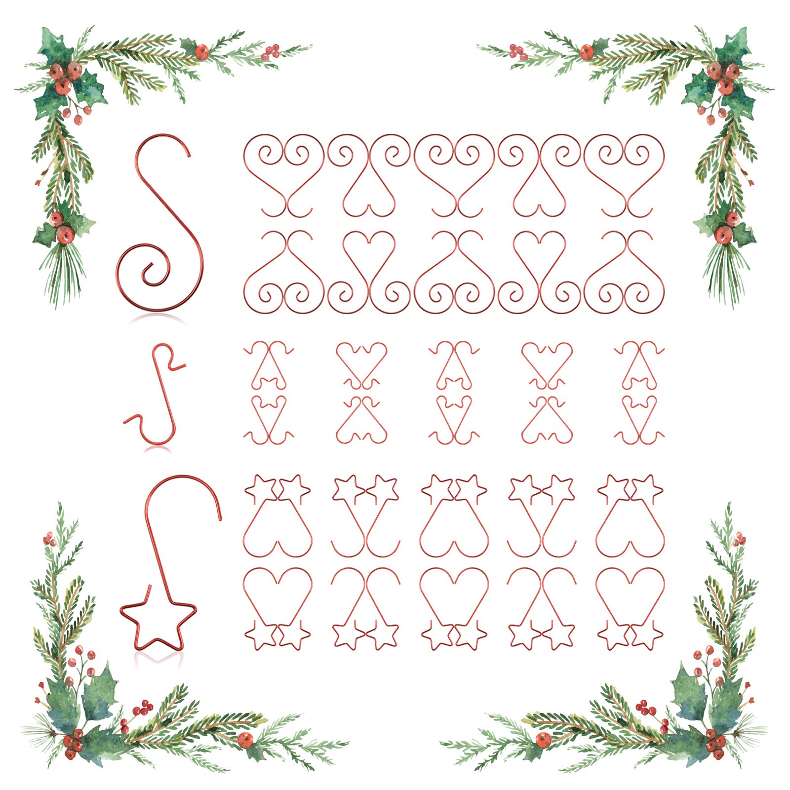 60 Pcs Red Christmas Tree Ornament Hooks,Star Ornament Hooks,Christmas S-Shaped Hooks,3 Shapes of Tree Ornament Hangers for Hanging Xmas Decorations,Christmas Balls,Christmas Socks,Christmas Tree Deco