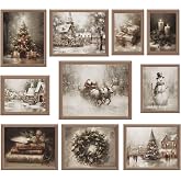 Whaline 10Pcs Christmas Vintage Wall Art Prints Retro Xmas Tree Santa Snowman Paper Posters Winter Rustic Picture Decoration For Party Gallery Living Room Office, Unframed