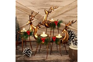 MCEAST 4 Pieces Reindeer Tealight Candle Holders Standing Iron Metal Christmas Decorations with 4 Sizes Xmas Glass Votive Holders with Pine Cones Christmas Tabletop Centerpiece, Holiday Decoration