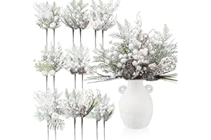 Solsew 16 Pcs Christmas Pine Cones Picks Artificial Berries Sprays Branches Faux Greenery Floral Stems Snowy Holly Pine Needles for Xmas Tree Wreath Garland Craft Decor(Shiny White Style)