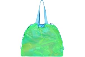 BrainyBees Extra Large Mesh Beach Toy Bag With Drawstring - Lightweight Tote for Sand Toys, Children's Storage Bag for Travel Essentials, Neon Green