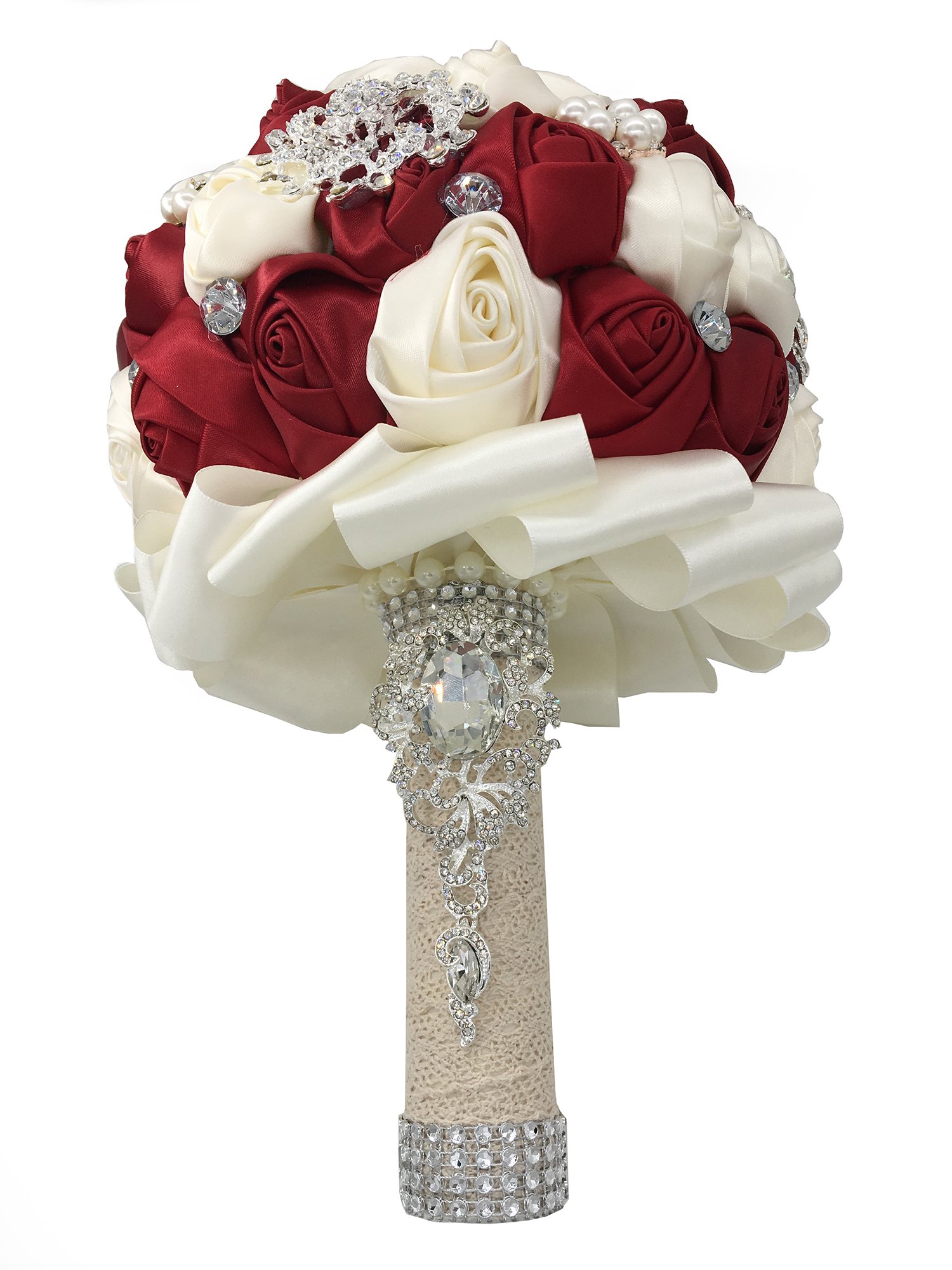 Jackcsale Wedding Bouquet Romantic Rhinestone Satin Rose Wedding Holding Bouquet for Bride Bridal Bridesmaid Centerpiece Arrangement Confession Bouquet (D453 Wine red+Ivory)