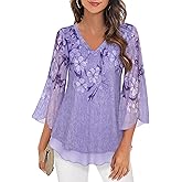 Timeson Women's 3/4 Sleeve Floral Blouses Shirts Double Layers V Neck Dressy Tunics Tops
