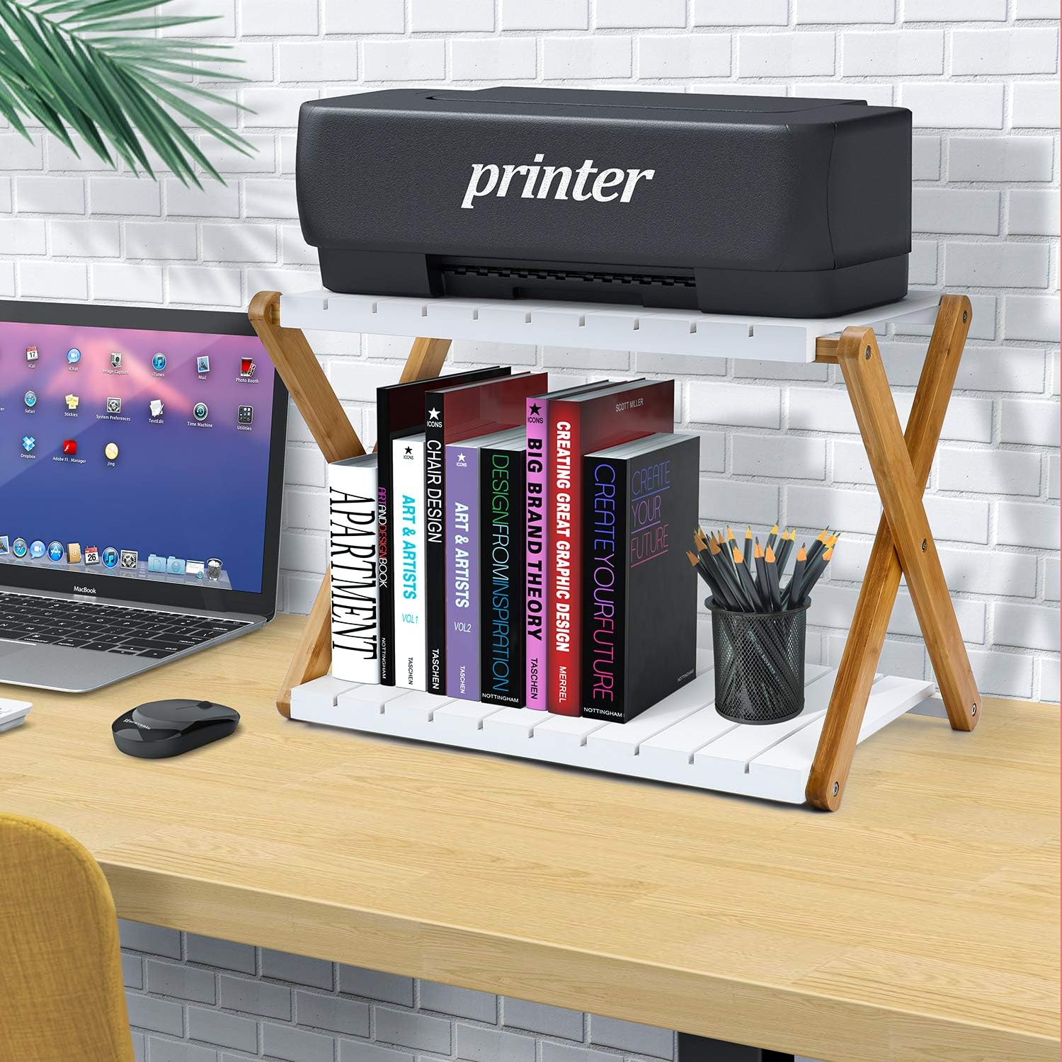 Nnewvante Desk Shelf Foldable Shelving Unit Printer Stand Multifunction 2 Tiers Bamboo Storage Organizer for Books, Fax Machine, Scanner, Files, Home Office Desktop Floor, White: Home Audio & Theater
