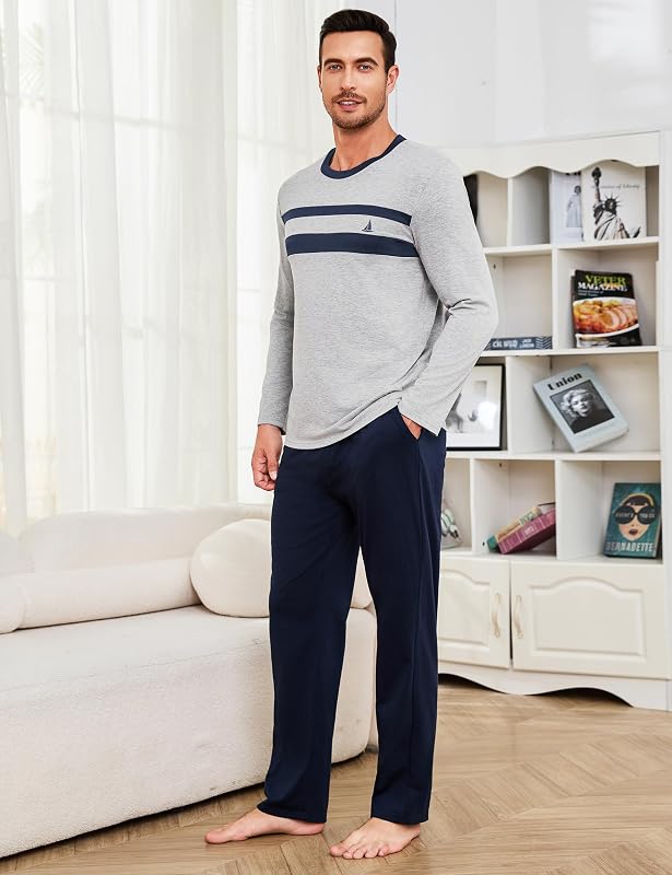 Pyjamas en Coton pour Hommes Pyjamas Longs Deux Pièces Loungewear Pyjama Long Automne Et Hiver Élastique Ajustable Pantalon De Pyjama S-3XL — photo 8 sur 8
