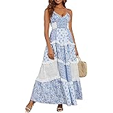 Women Floral Maxi Dress Spaghetti Straps V Neck Lace Patchwork Flowy Tiered Wedding Guest Long Dresses