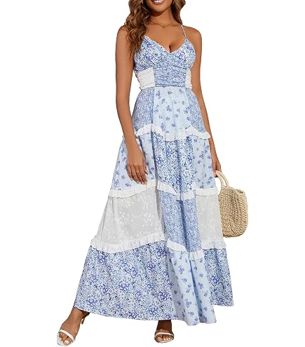 Floral Maxi Dress, Women Floral Maxi Dress Lace Patchwork Spaghetti Strap V Neck Beach Dre-Ss (Pink
