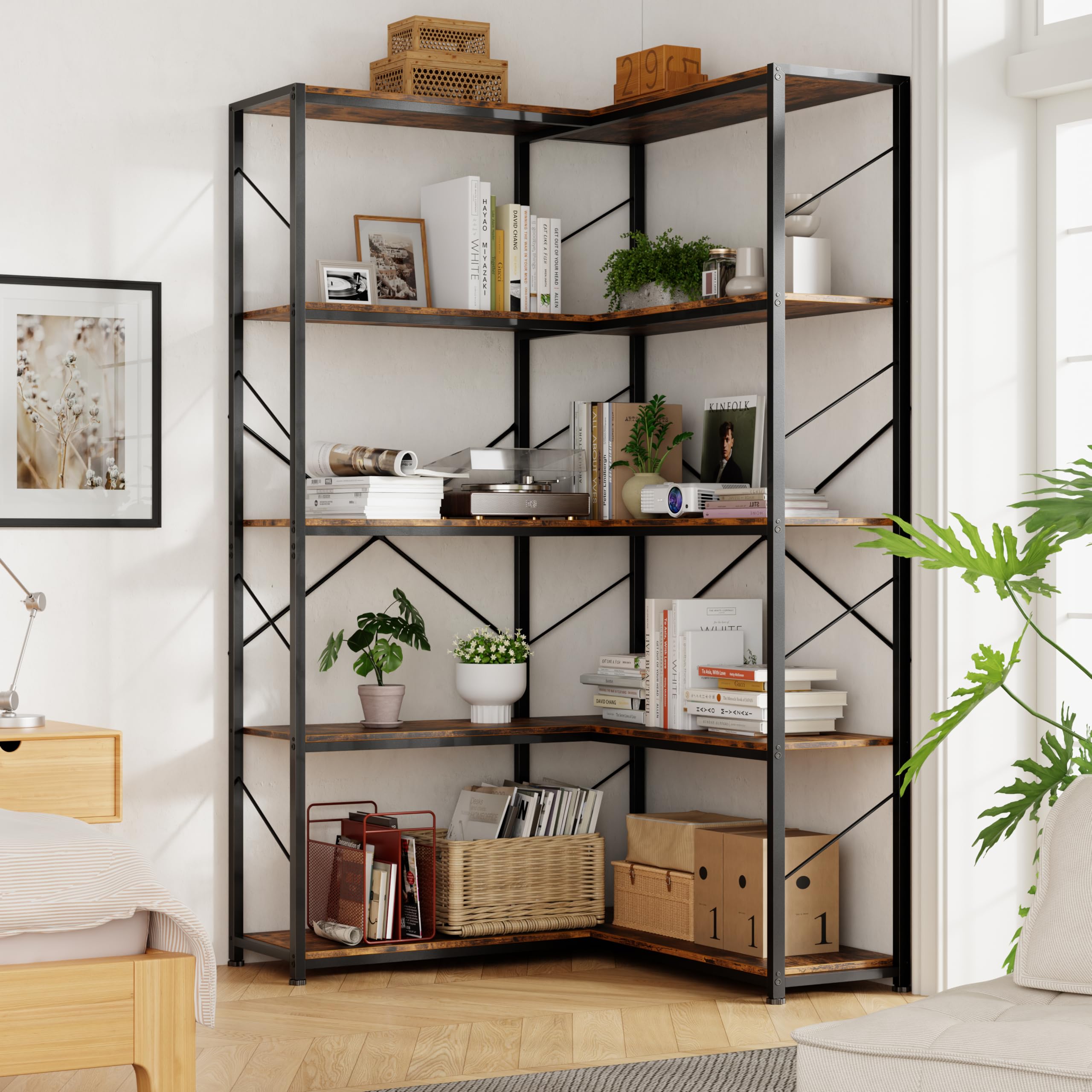Photo 1 of Shintenchi 5 Tier Corner Bookshelf,L Shaped Bookcase,Large Etagere Bookcase,Corner Shelf Display Storage Rack with Metal Frame for Living Room Bedroom Office,Rustic Brown