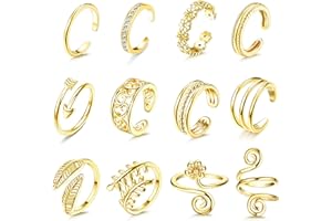 Sanfenly 12PCS Adjustable Toe Rings for Women Gold Silver Black Open Toe Rings Set Flower Arrow Leaf heart CZ Tail Pinky Band Rings Summer Beach Foot Jewelry Set