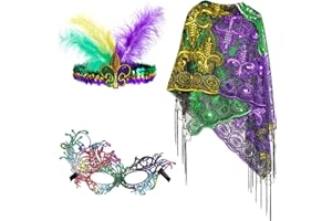 Yolyoo Mardi Gras Shawl Scarf Costume with Mardi Gras Headband Masquerade Party Favor Accessories Multicoloured