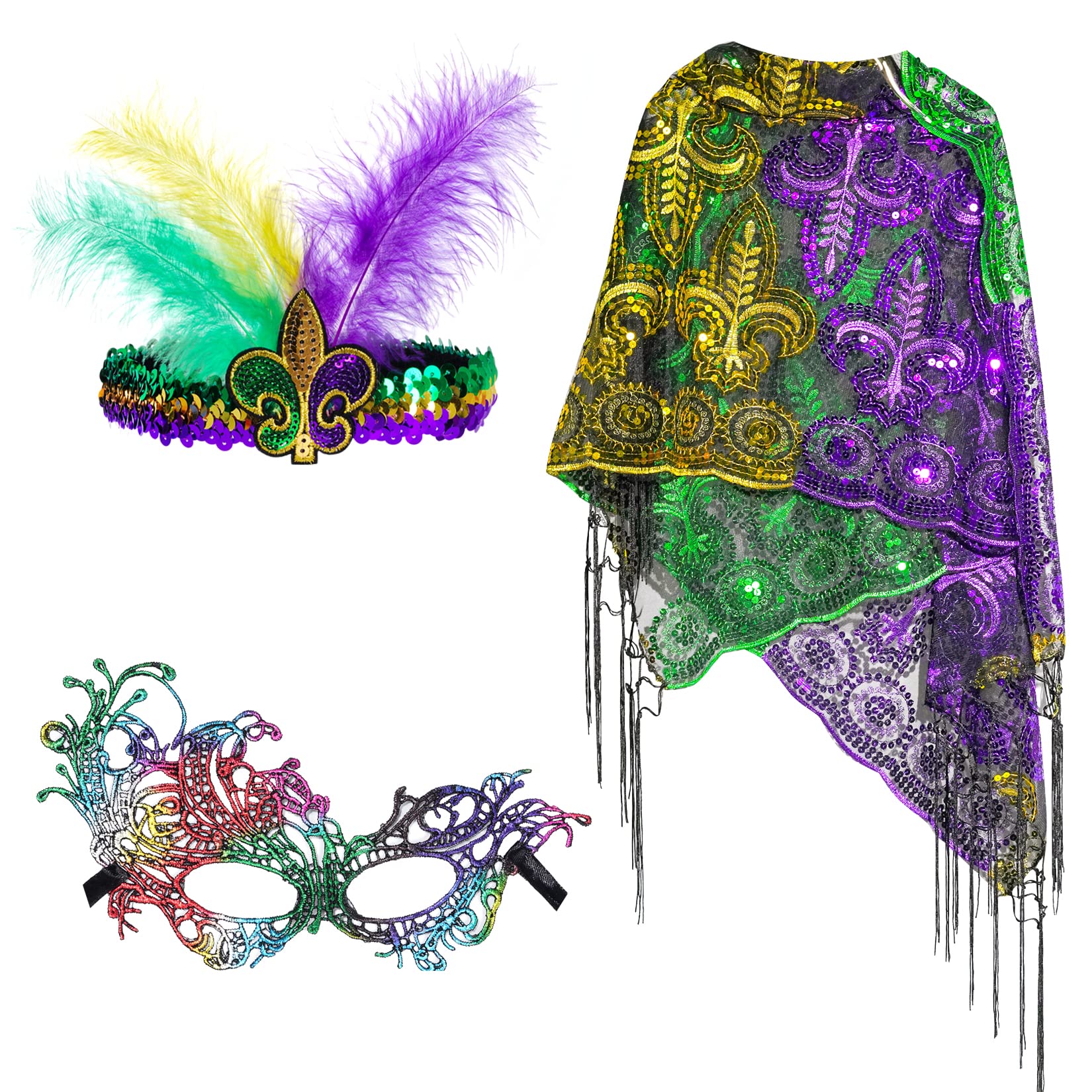 Photo 1 of Yolyoo Mardi Gras Shawl Scarf Costume with Mardi Gras Headband Masquerade Party Favor Accessories Multicoloured