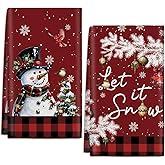 MZZIUV 2 Pcs Christmas Kitchen Towels Snowman Dish Towels, 24x16 Inch Red Xmas Hand Tea Towel for Christmas Holiday Home Decor