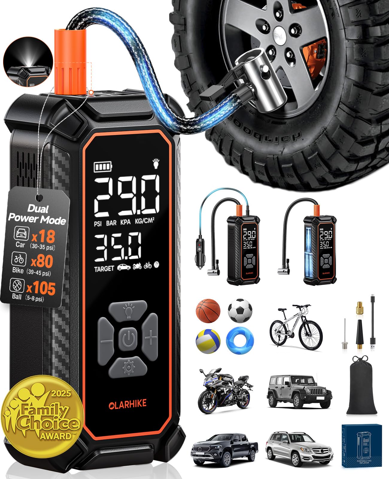 Photo 1 of OlarHike Cordless Tire Inflator Portable Air Compressor, Dual Power Mode - 6000 mAh & 12V DC, Air Pump for Car Tires, Motorcycle, Bicycle, Electric Pump with LED Light & Digital Pressure Gauge