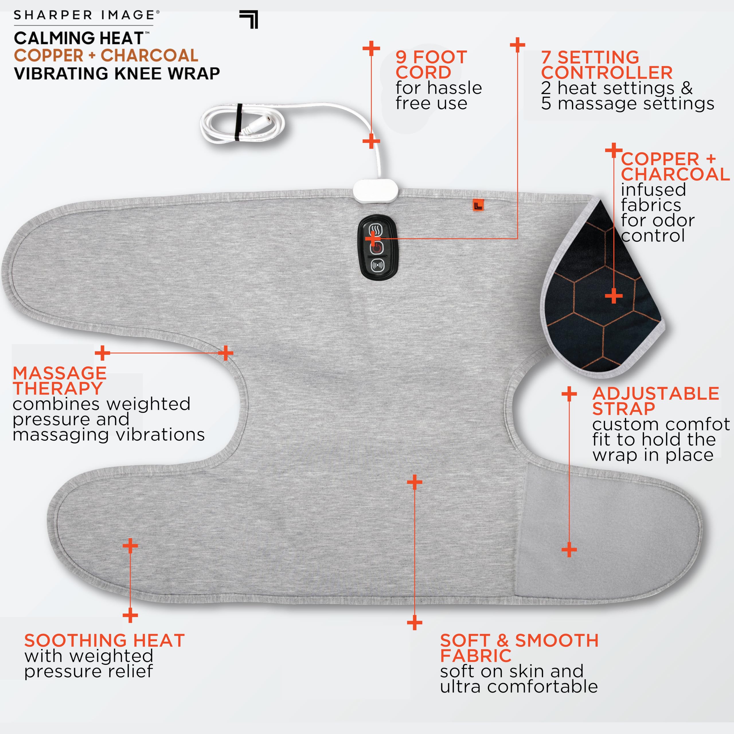 Calming Heat Knee Wrap by Sharper Image Personal Electric Heating Pad with Copper & Charcoal; Vibrations, 2 Heat & 5 Vibrating Massage Settings for 10 Relaxing Combinations