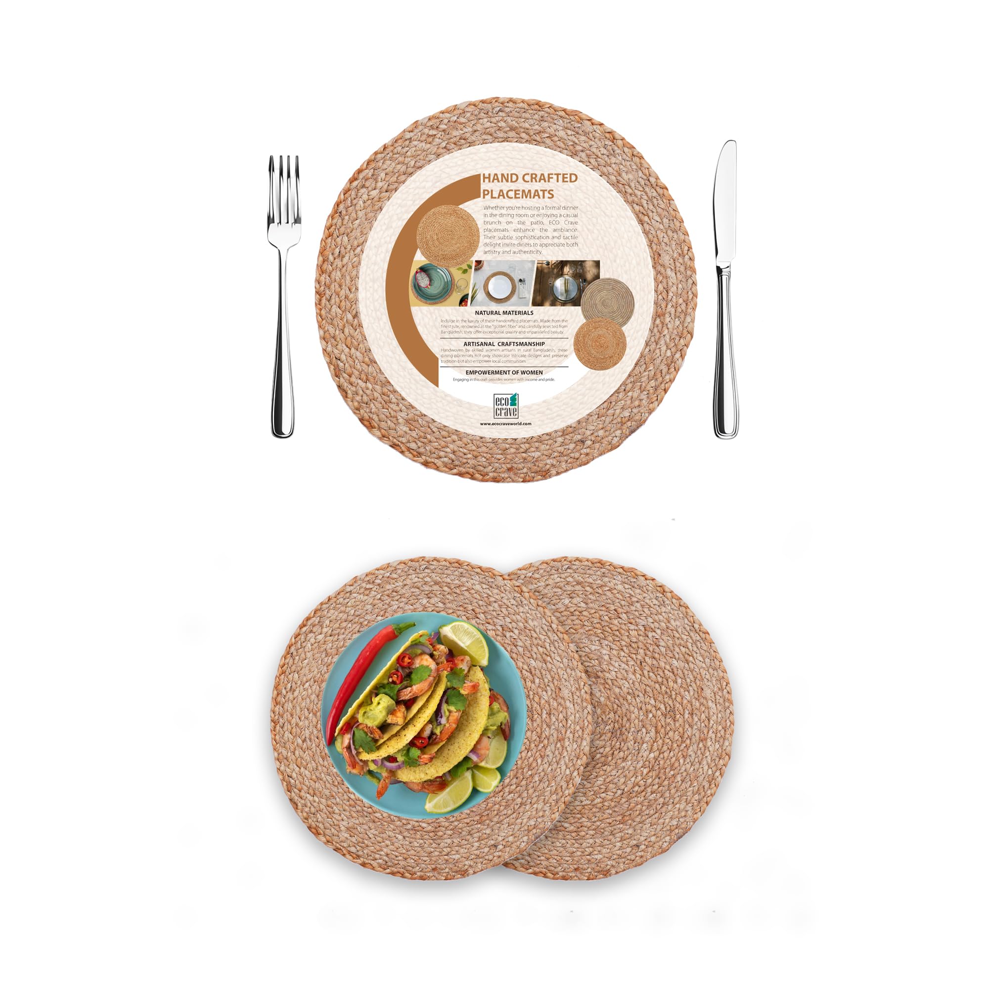Photo 1 of Eco Crave Jute Round Woven Placemats Set of 2, Natural 13 Inch Boho Farmhouse Rustic Hand Woven Place mat for Dining Table Decor, Wicker Chargers Heat Resistant Easy to Clean and Non-Slip Placemat