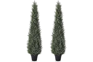 Laiwot 5FT Artificial Topiary Cedar Tree – UV Resistant Faux Potted Plants Outdoor & Indoor, Realistic Fake Cypress Trees for Porch, Front Door, Garden, Entryway, Home Office Decor, Set of 2