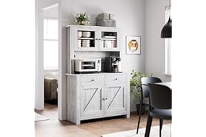 GarveeHome Kitchen Pantry Cabinet with Microwave Stand, Freestanding Hutch Cabinet with Buffet Cupboard, Tall Kitchen Cabinets with Adjustable Shelves for Kitchen, Dining Room, Grey