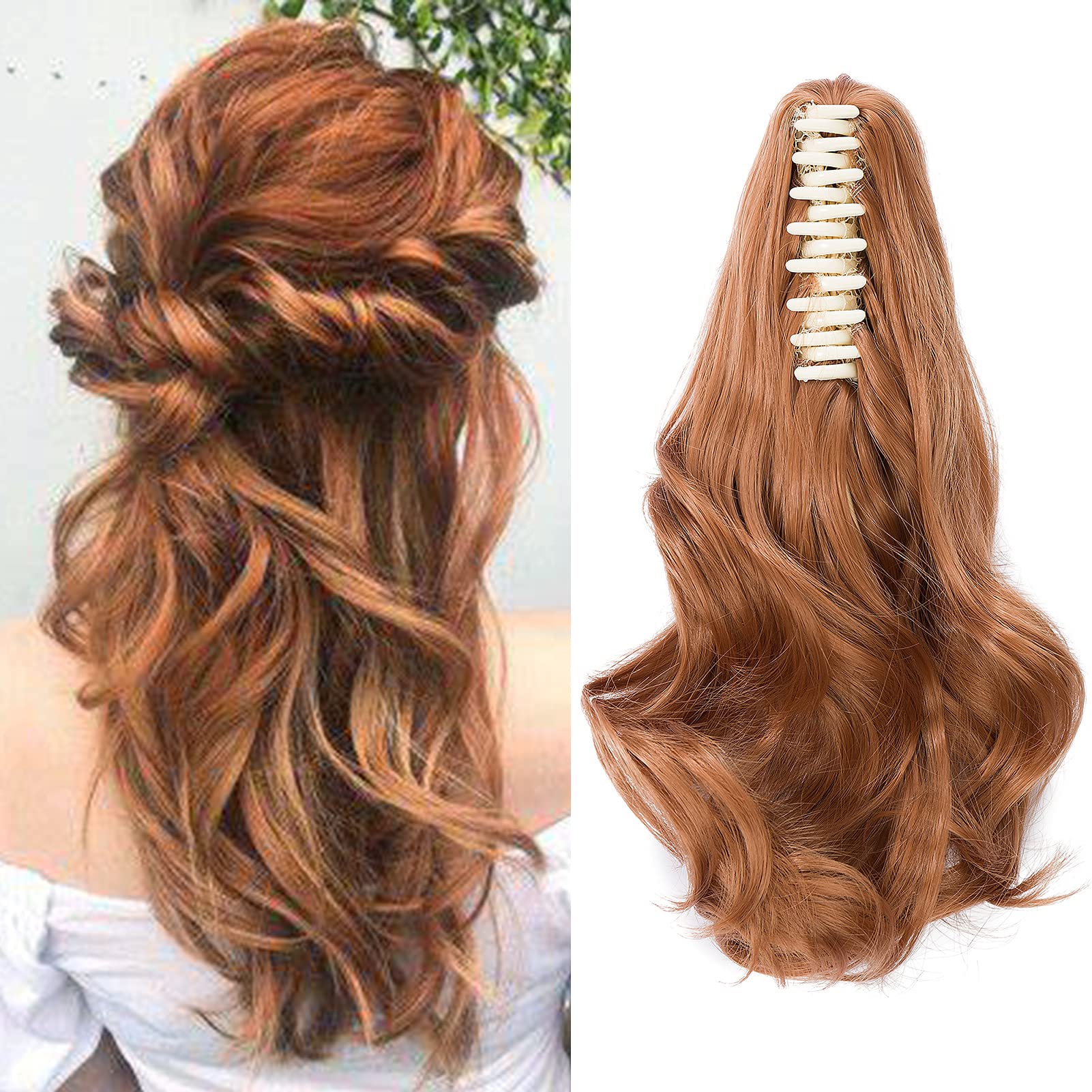 Cybelleza Clip in Ponytail Extension 12 Inch Claw on Short Cute Pony Tails Hairpieces Synthetic Fake Ponytail Curly Ponytail Natural Wavy Hairpiece for Women - Light Auburn