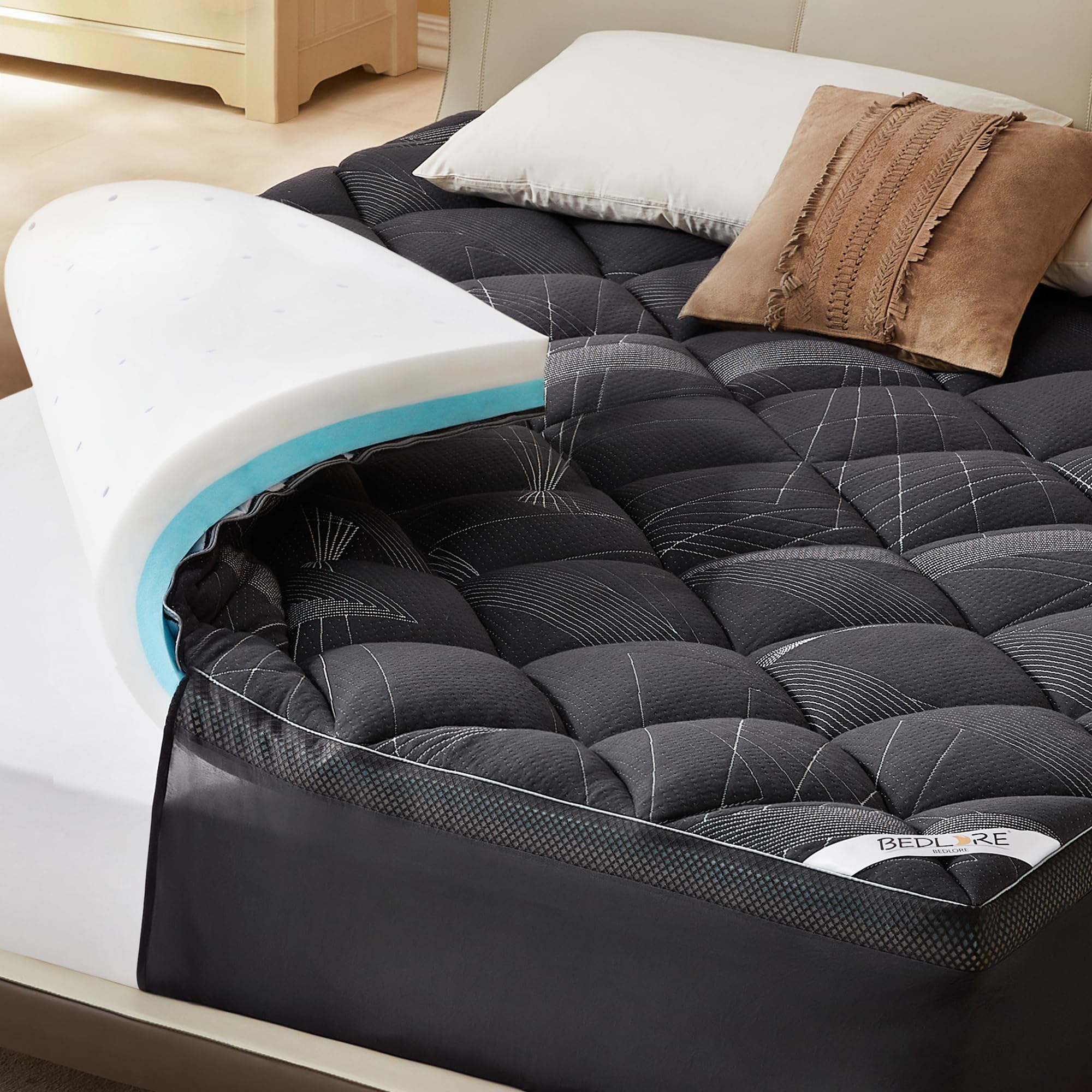 Bedlore 4-Inch Queen Mattress Topper for Back Pain - Dual Layer Medium Support (2" Gel Memory Foam + 2" Cooling Fluffy Pillow Top Pad), Breathable & Pressure Relief (Gray)