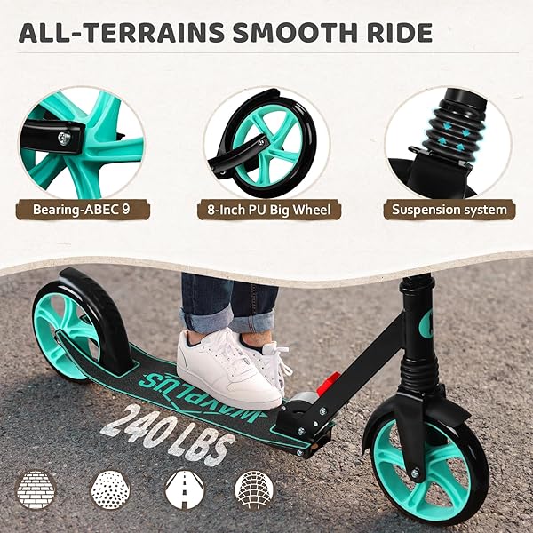 WAYPLUS AQUAS KICK SCOOTER FOR KIDS, TEENS & ADULTS – FOLDABLE, LIGHTWEIGHT, 8-INCH NON-SLIP DECK, ABEC9 BEARINGS, ADJUSTABLE HEIGHT, LIFETIME SERVICE