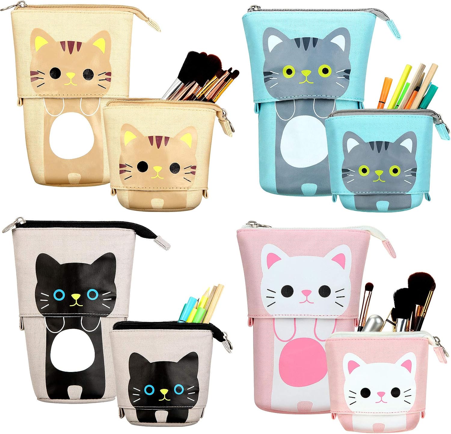 Zonon 4 Pieces Standing Pencil Case Cat Print Telescopic Pencil Case Stand up Pen Holder Canvas PU Cartoon Portable Makeup Bag for School Office Cosmetics Gift Supply(Cat Print)