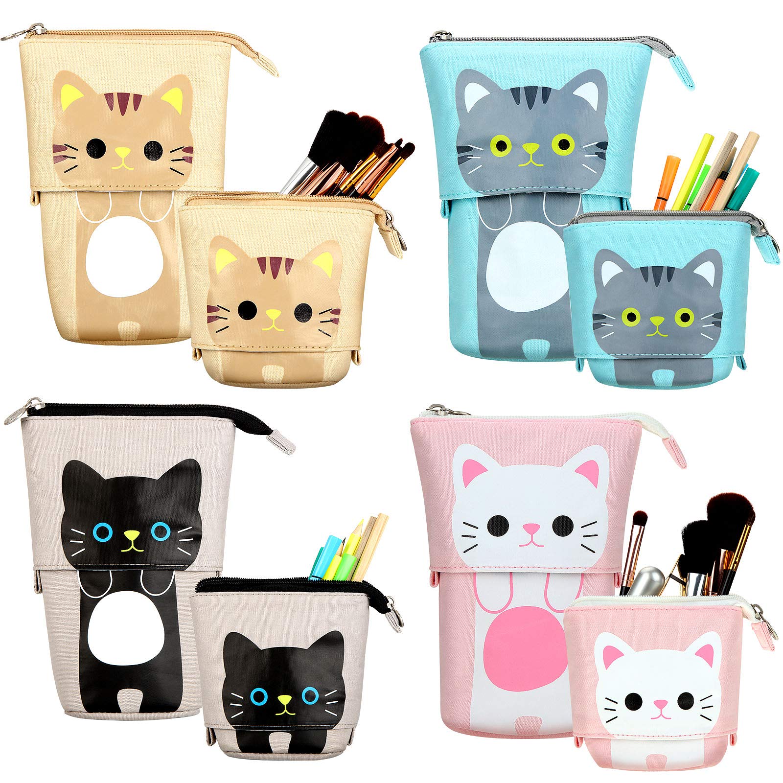 Zonon 4 Pieces Standing Pencil Case Cat Print Telescopic Pencil Case Stand up Pen Holder Canvas PU Cartoon Portable Makeup Bag for School Office Cosmetics Gift Supply(Cat Print)