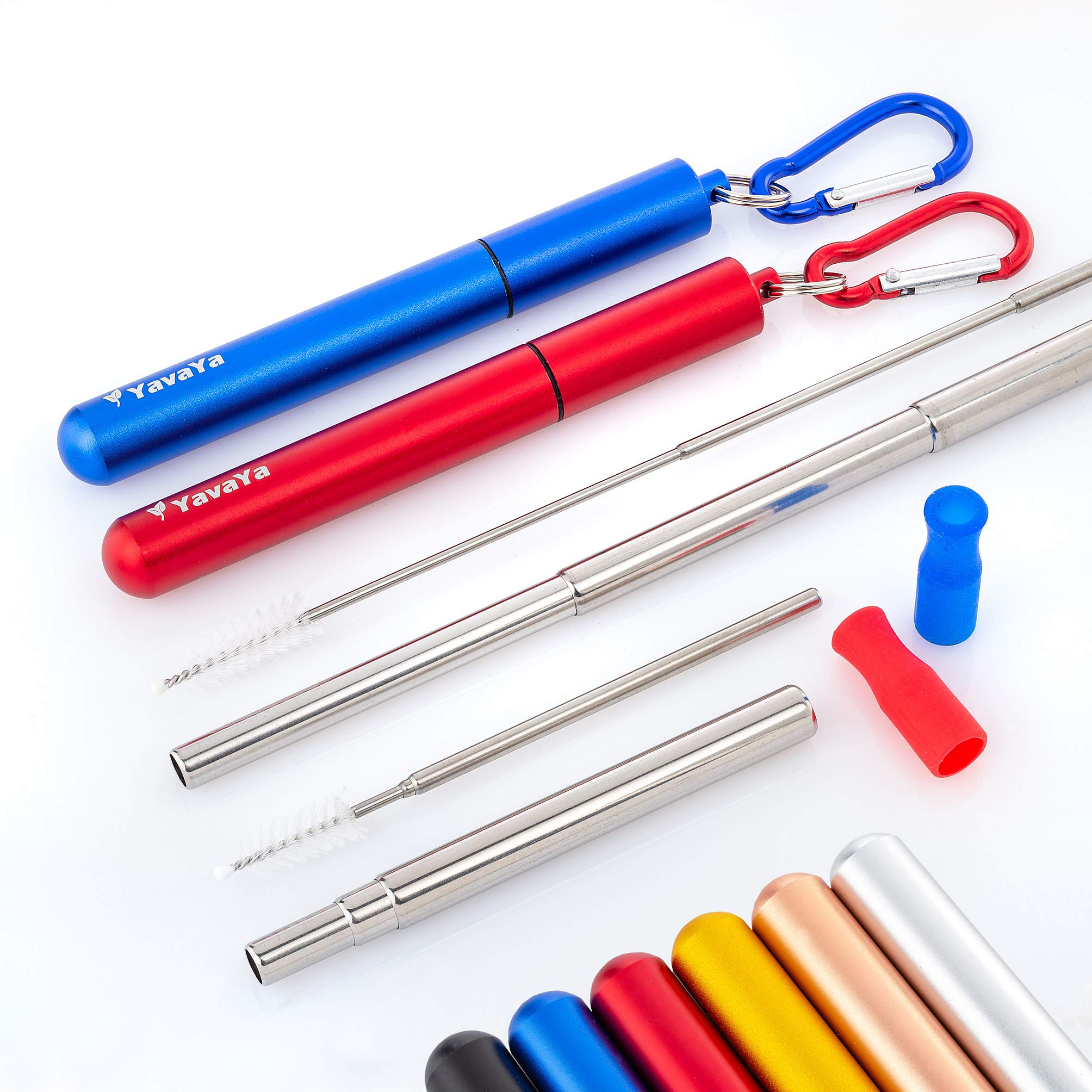 YavaYa® Stainless Steel Straw Reusable Telescopic Set of 2 | Cleaning Brush Carabiner Aluminium Case Silicone Tips | Stylish Metal Straw to Take Away | Easy Clean | eBook